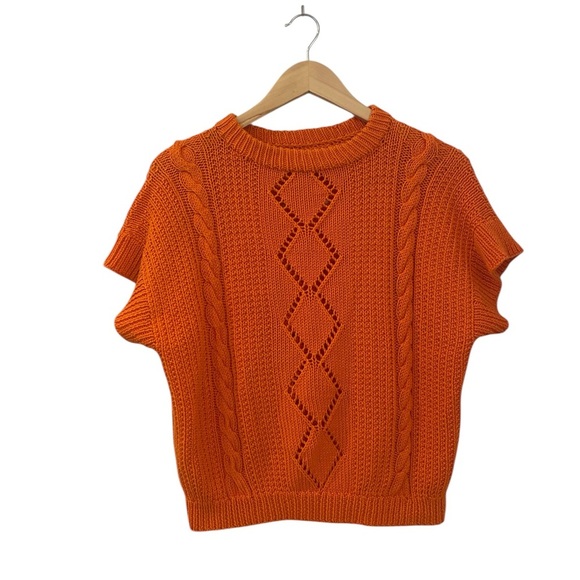 Vintage Handmade Womens Orange Crochet Short Sleeve Sweater - Picture 5 of 5